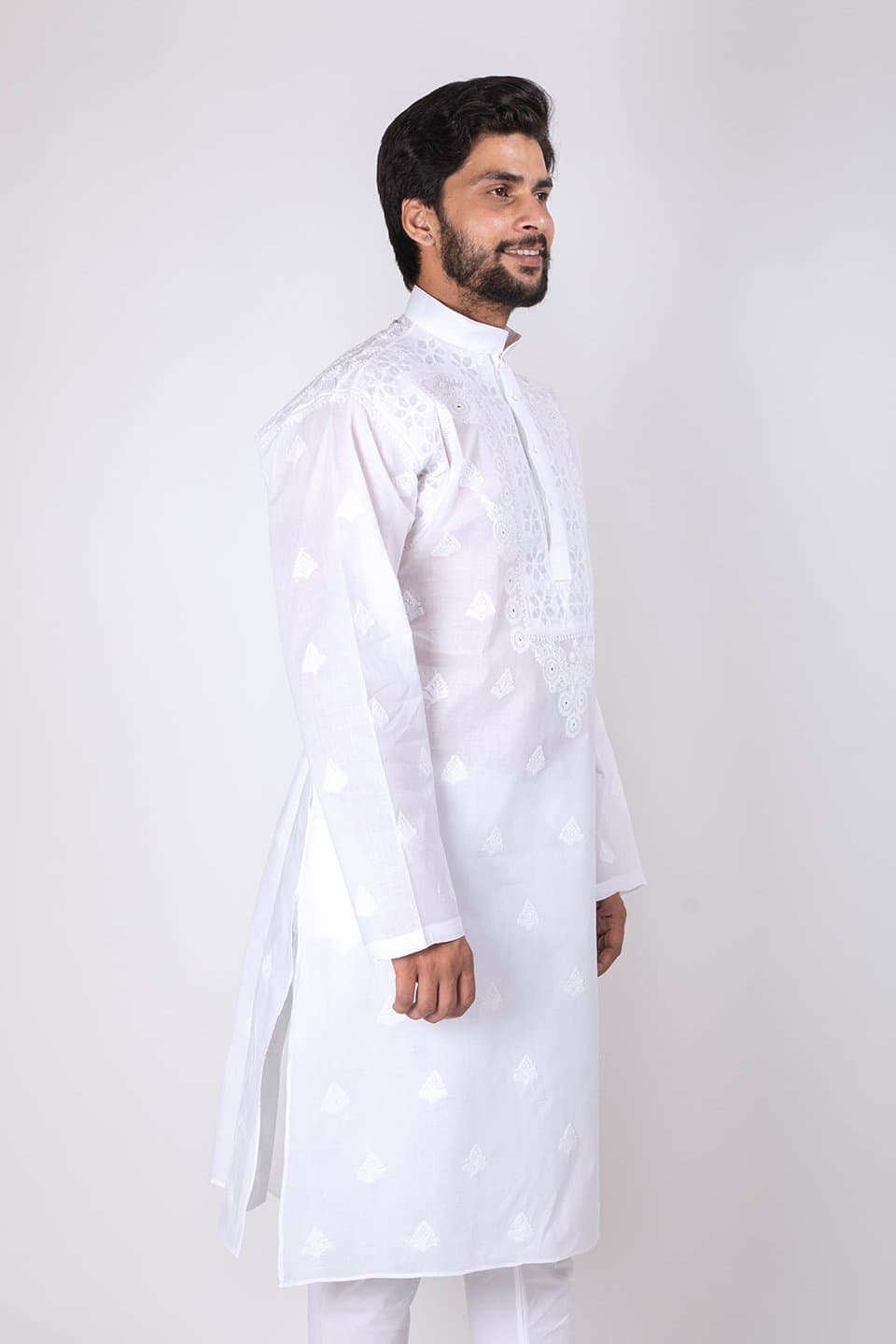 Lucknow Chikan Emporium Cotton  White Color Gents Hand Chikan Kurta 