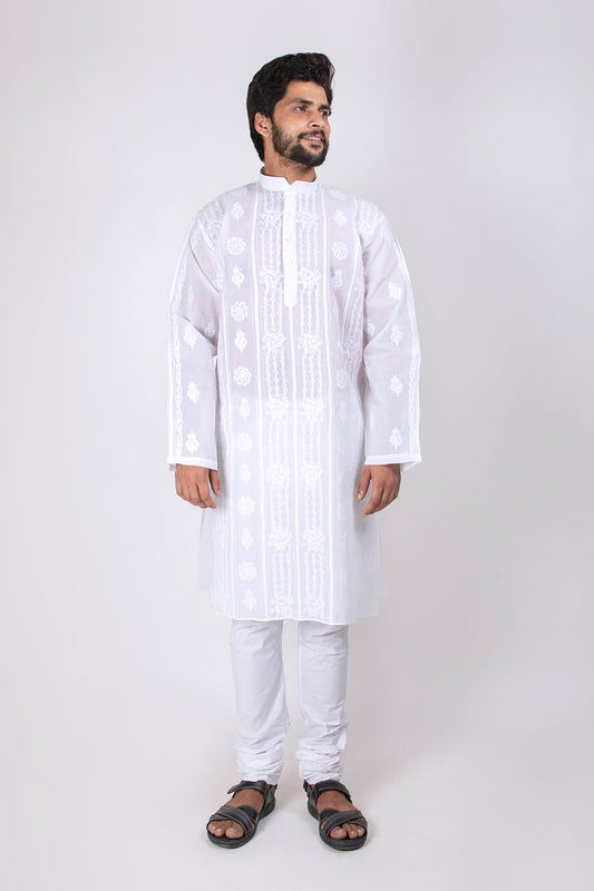 Lucknow Chikan Emporium  Cotton White Colour Mens Chikankari Kurta 