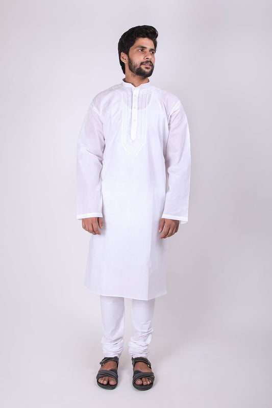 Lucknow Chikan Emporium Cotton White Colour Mens Chikankari Kurta 