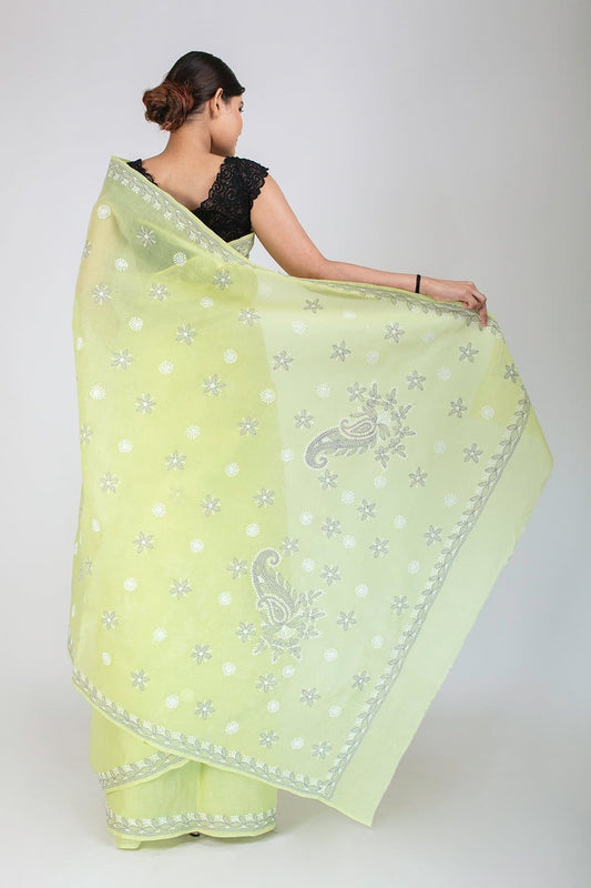 Lucknow Chikan Emporium Cotton leaf  Green Colour Saree With Blouse 