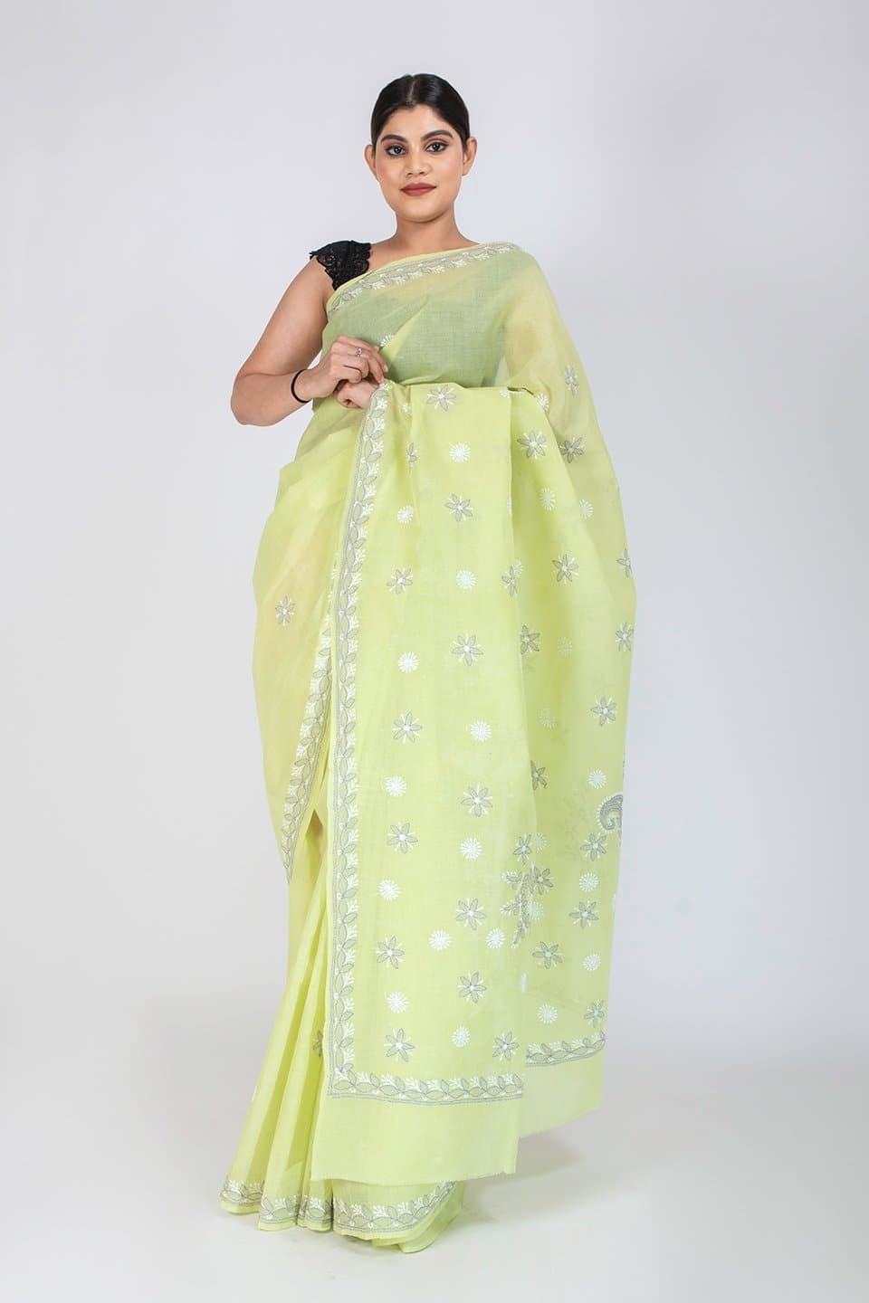 Lucknow Chikan Emporium Cotton leaf  Green Colour Saree With Blouse 