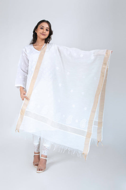 Lucknow Chikan Emporium Duppatta Cotton White Cotton Thread (Cream) 
