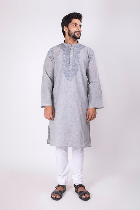 Lucknow Chikan Emporium Grey Cotton Hand Chikankari Kurta 