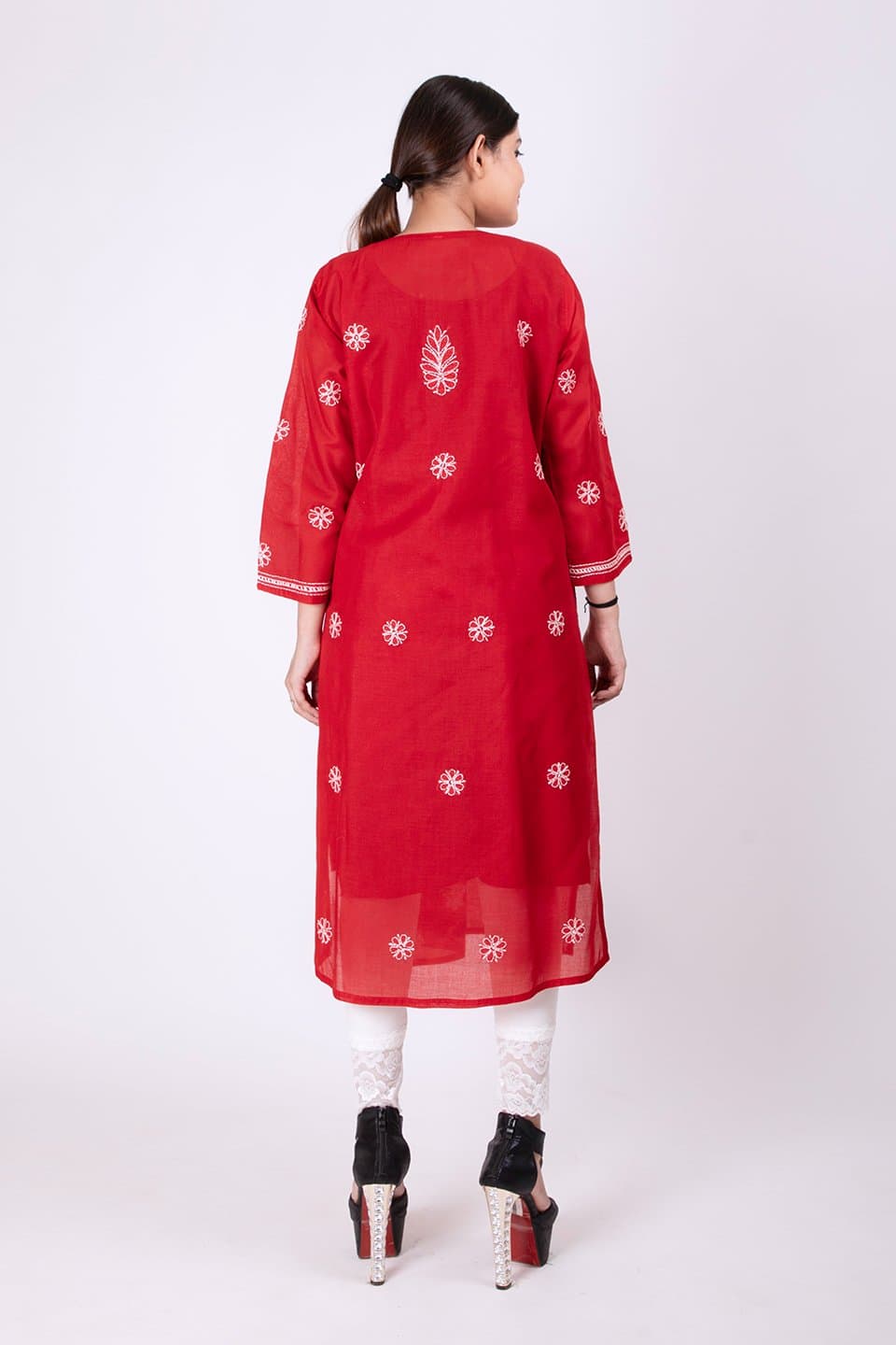 Lucknow Chikan Emporium Hand Chikankari  Cotton Kurti (Elegant Red) 
