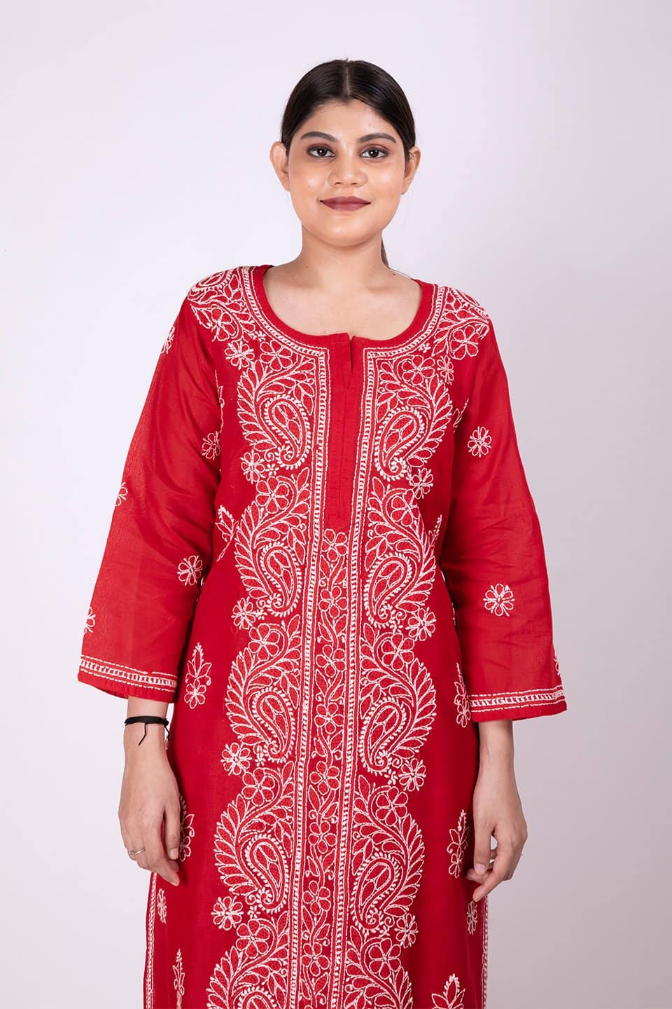 Lucknow Chikan Emporium Hand Chikankari  Cotton Kurti (Elegant Red) 