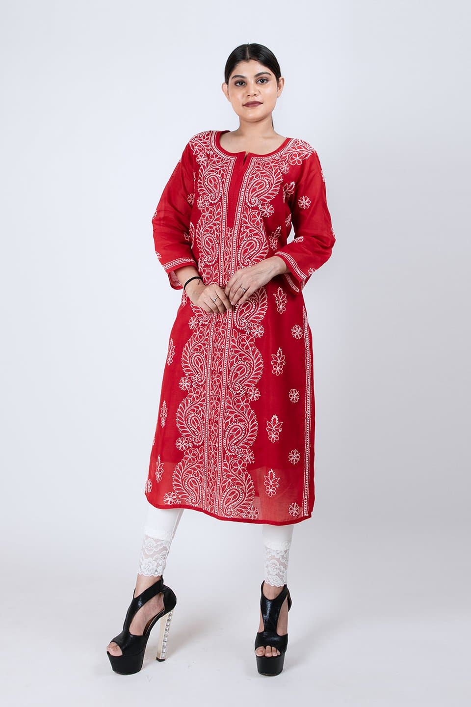 Lucknow Chikan Emporium Hand Chikankari  Cotton Kurti (Elegant Red) 