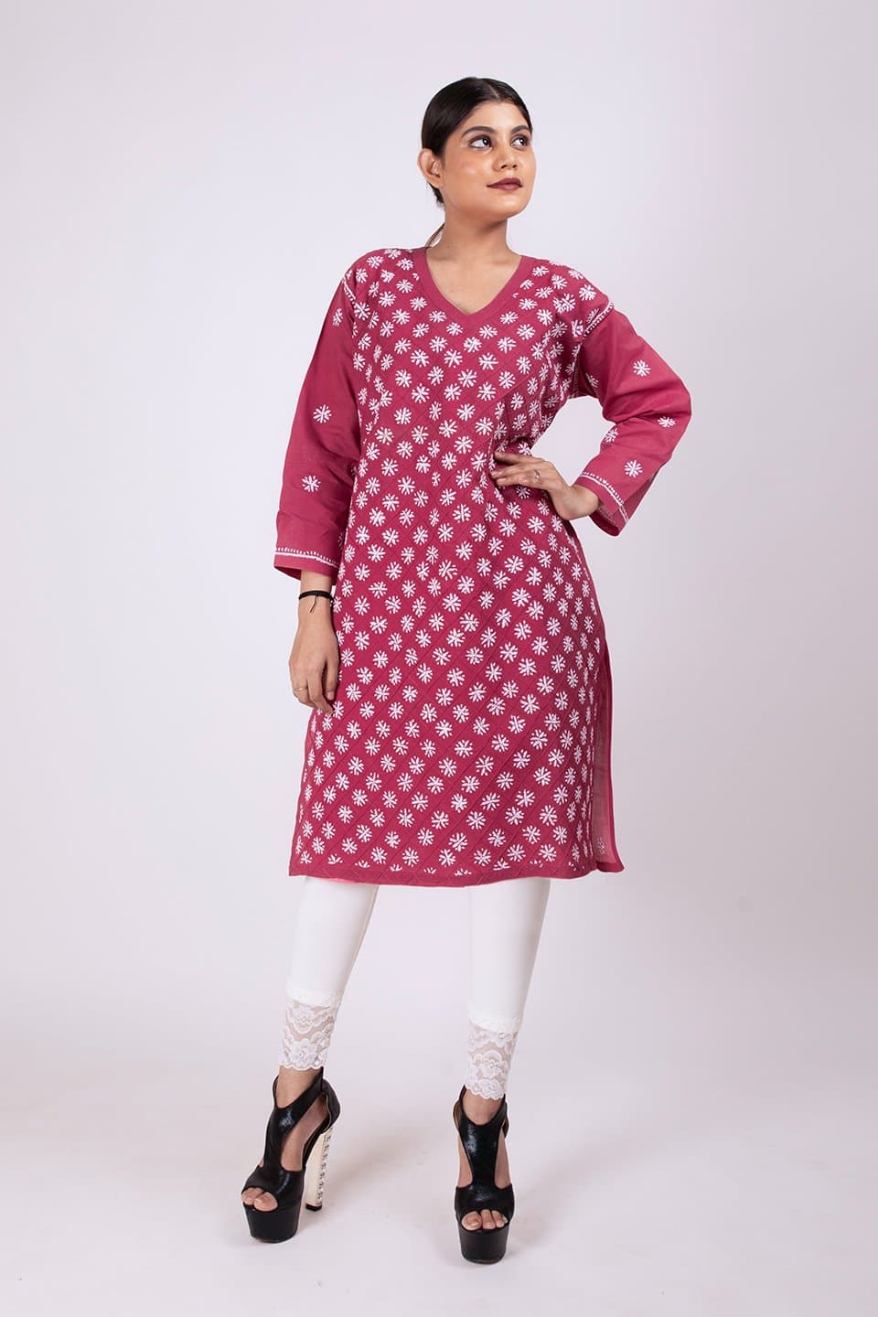 Lucknow Chikan Emporium Hand Chikankari Cotton  Kurti (Elegant Wine) 