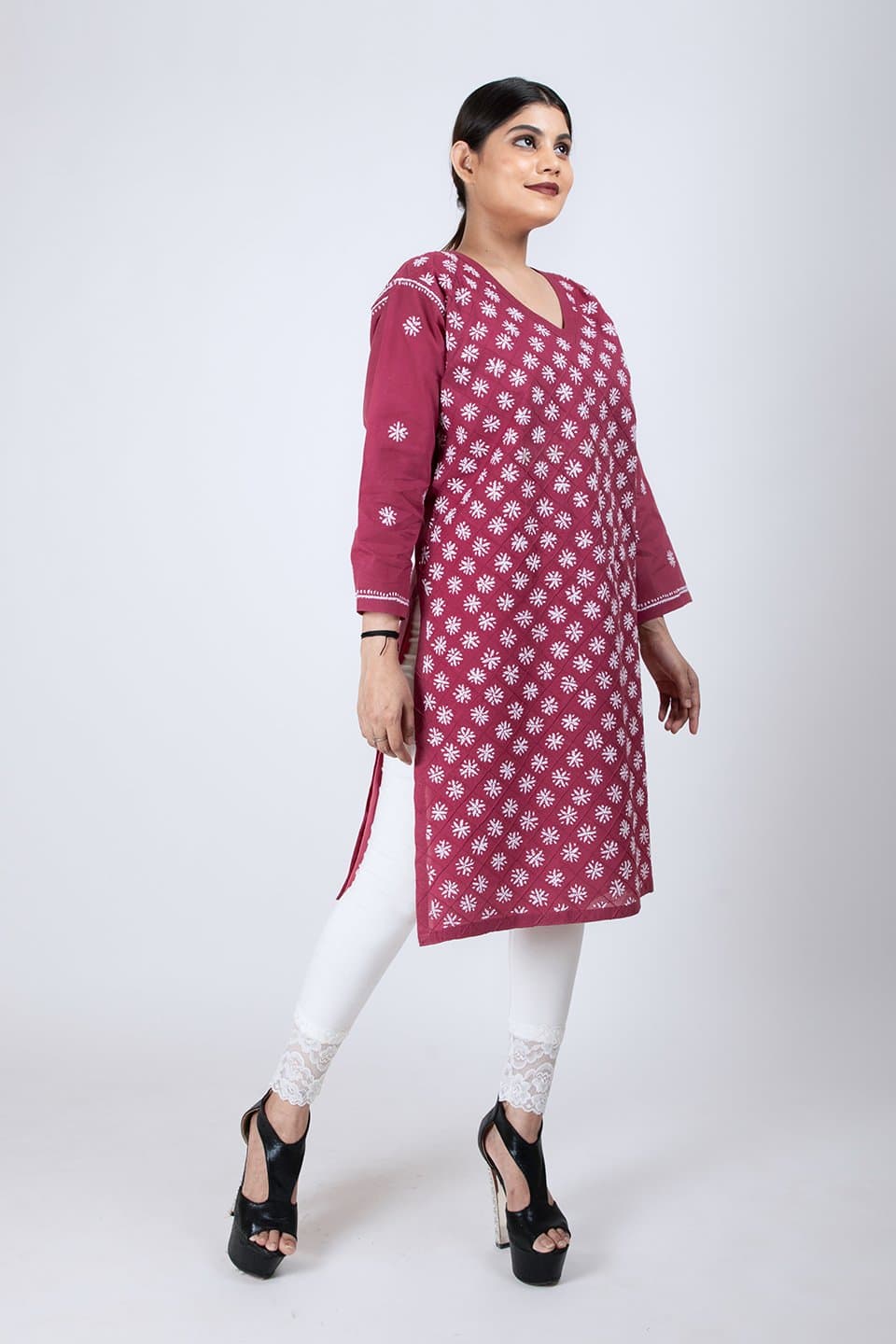 Lucknow Chikan Emporium Hand Chikankari Cotton  Kurti (Elegant Wine) 
