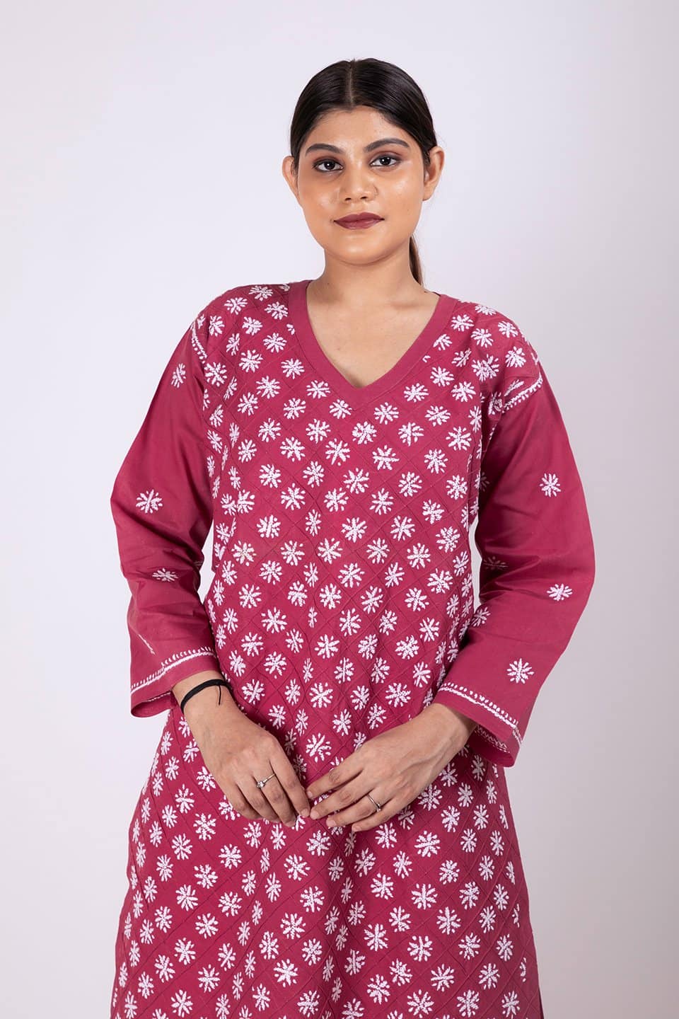 Lucknow Chikan Emporium Hand Chikankari Cotton  Kurti (Elegant Wine) 