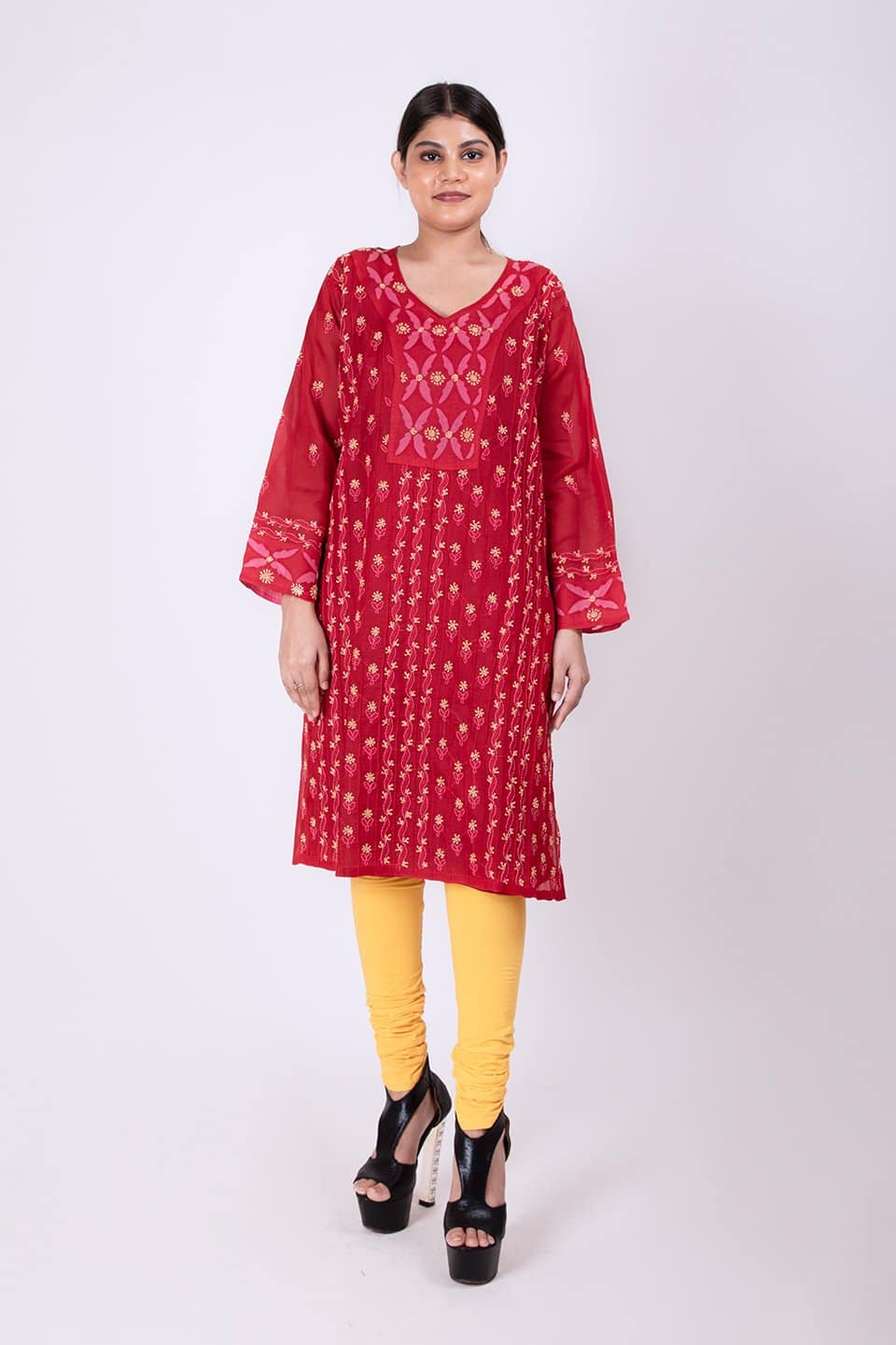 Lucknow Chikan Emporium Hand Chikankari Cotton  Kurti (Maroon) 