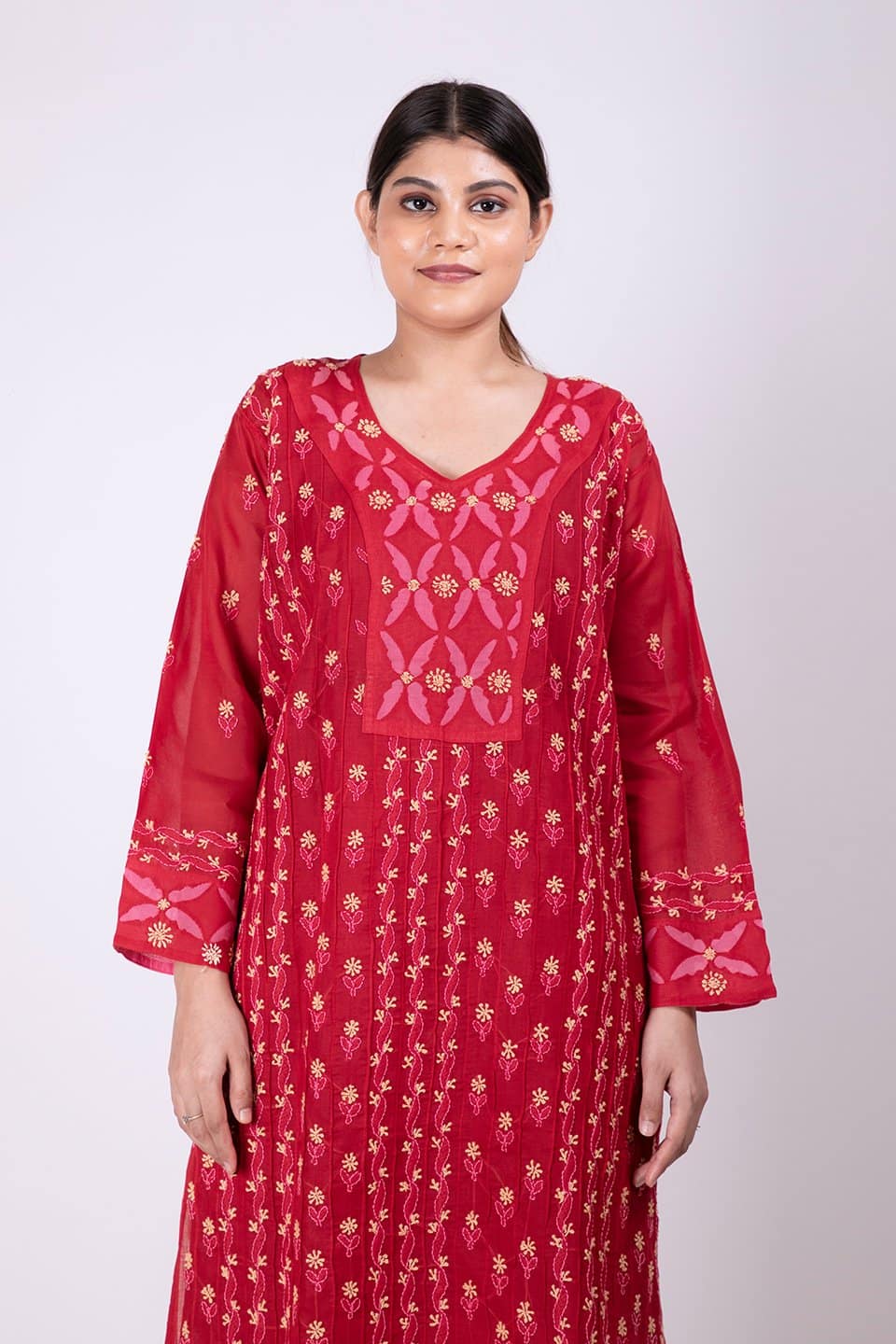 Lucknow Chikan Emporium Hand Chikankari Cotton  Kurti (Maroon) 