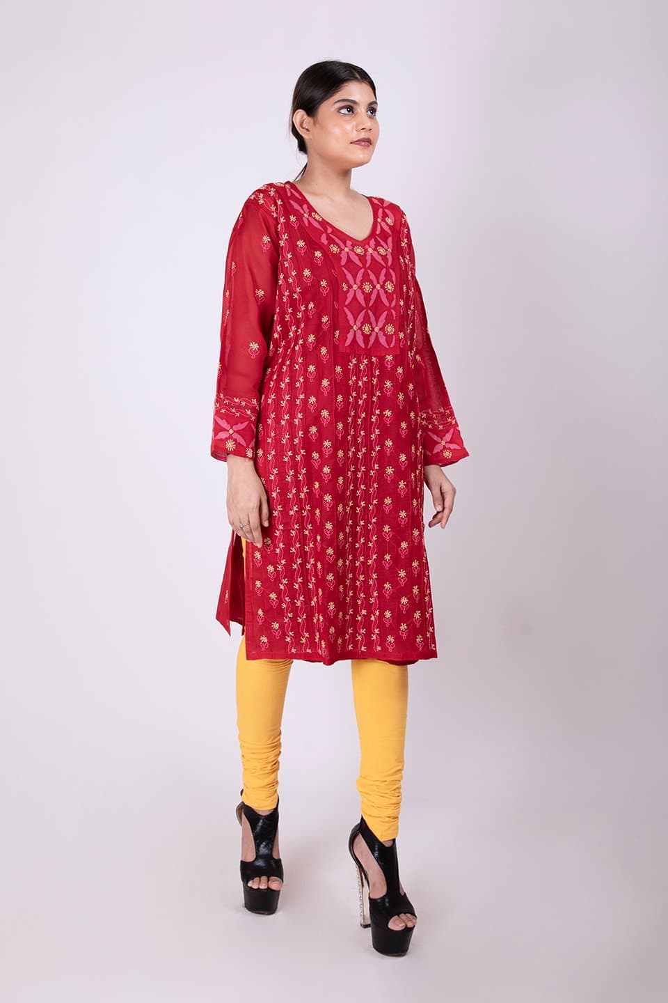 Lucknow Chikan Emporium Hand Chikankari Cotton  Kurti (Maroon) 