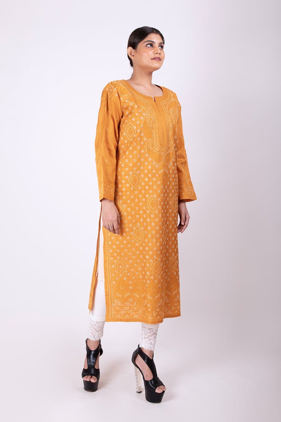 Lucknow Chikan Emporium Hand Chikankari Cotton Silk  Kurti (Mustard Color) 