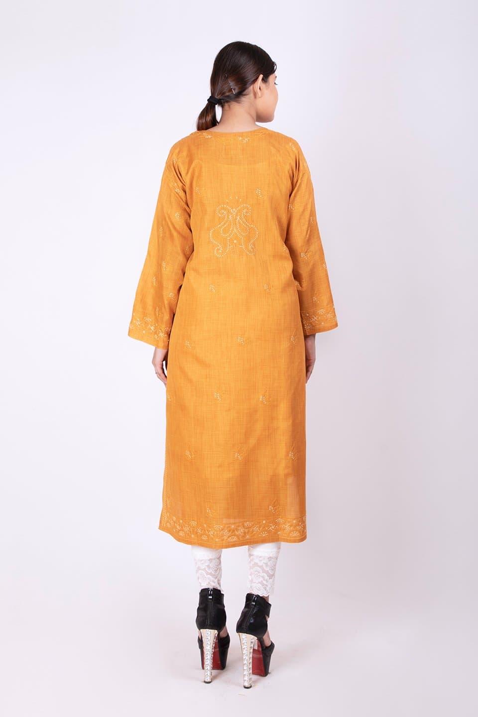 Lucknow Chikan Emporium Hand Chikankari Cotton Silk  Kurti (Mustard Color) 