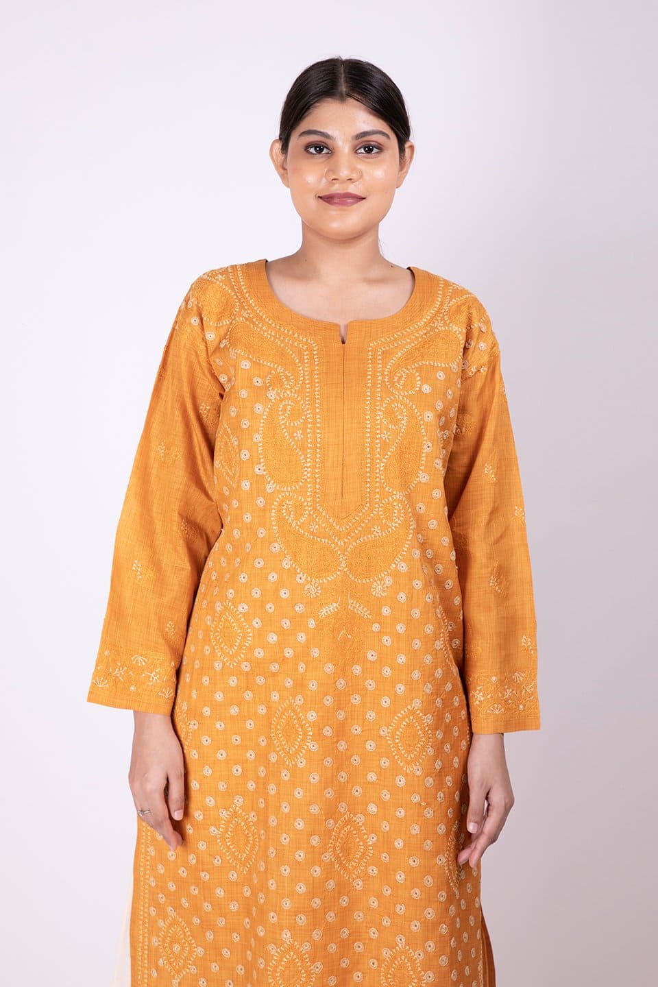 Lucknow Chikan Emporium Hand Chikankari Cotton Silk  Kurti (Mustard Color) 