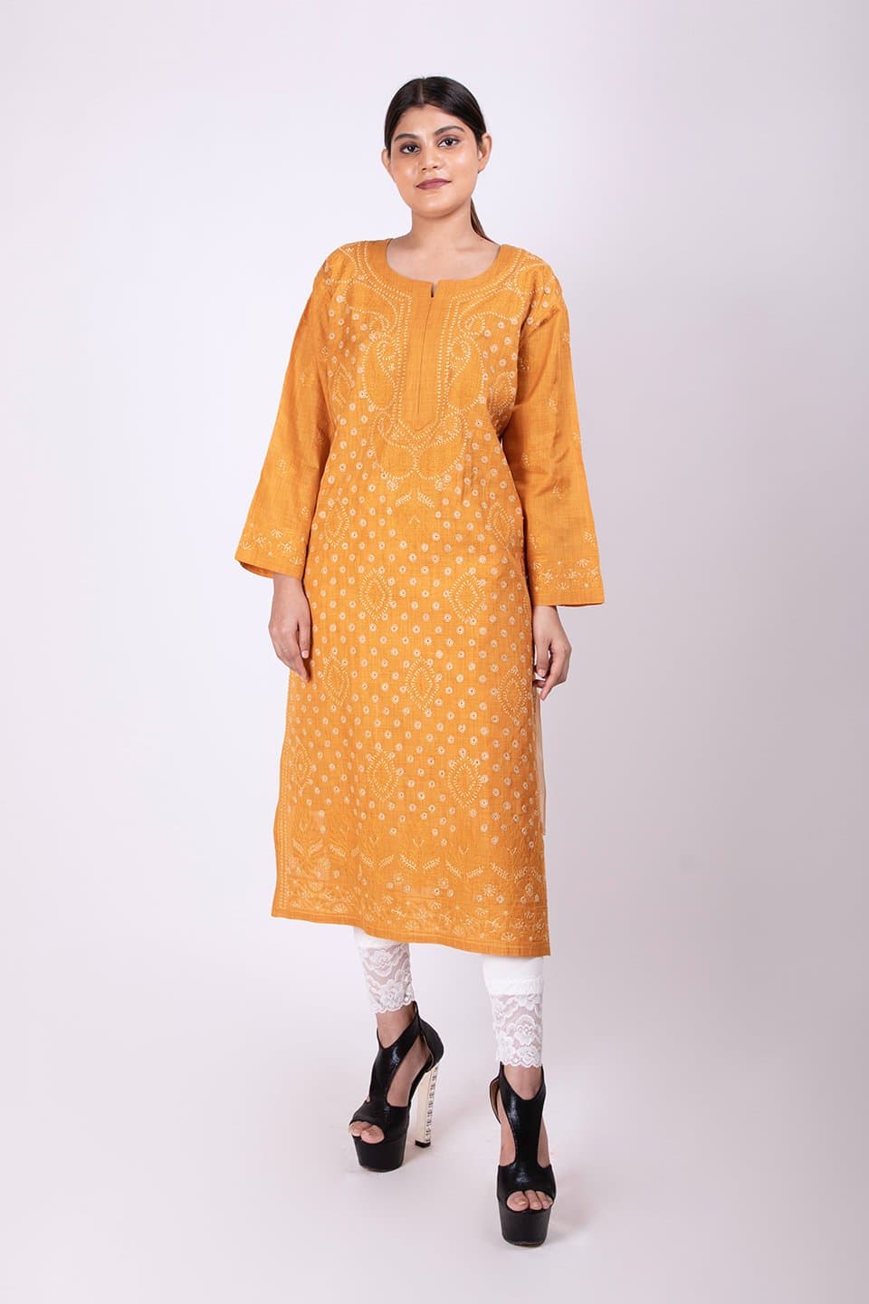 Lucknow Chikan Emporium Hand Chikankari Cotton Silk  Kurti (Mustard Color) 