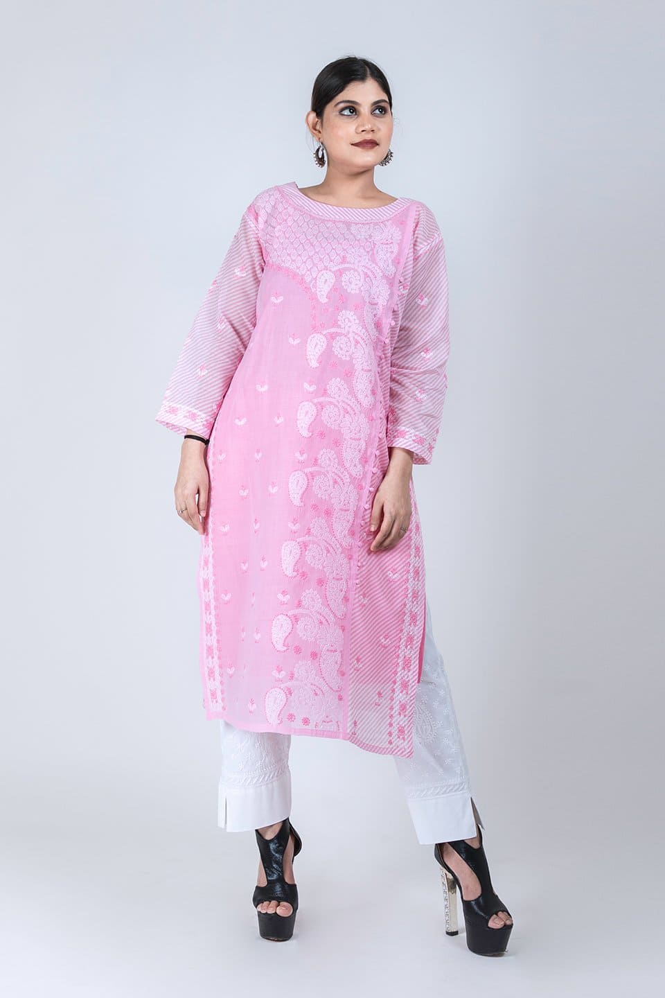 Lucknow Chikan Emporium Hand Chikankari Elegant Cotton Kurti (Pink Color) 