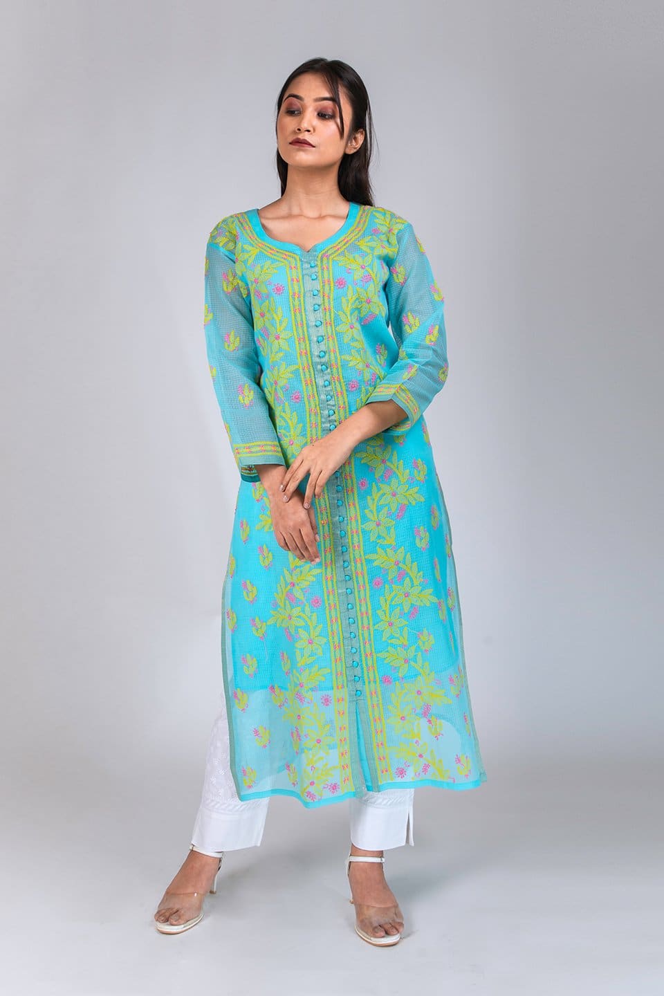 Lucknow Chikan Emporium Hand Chikankari Elegant Kota  Kurti (Ferozi Color) 