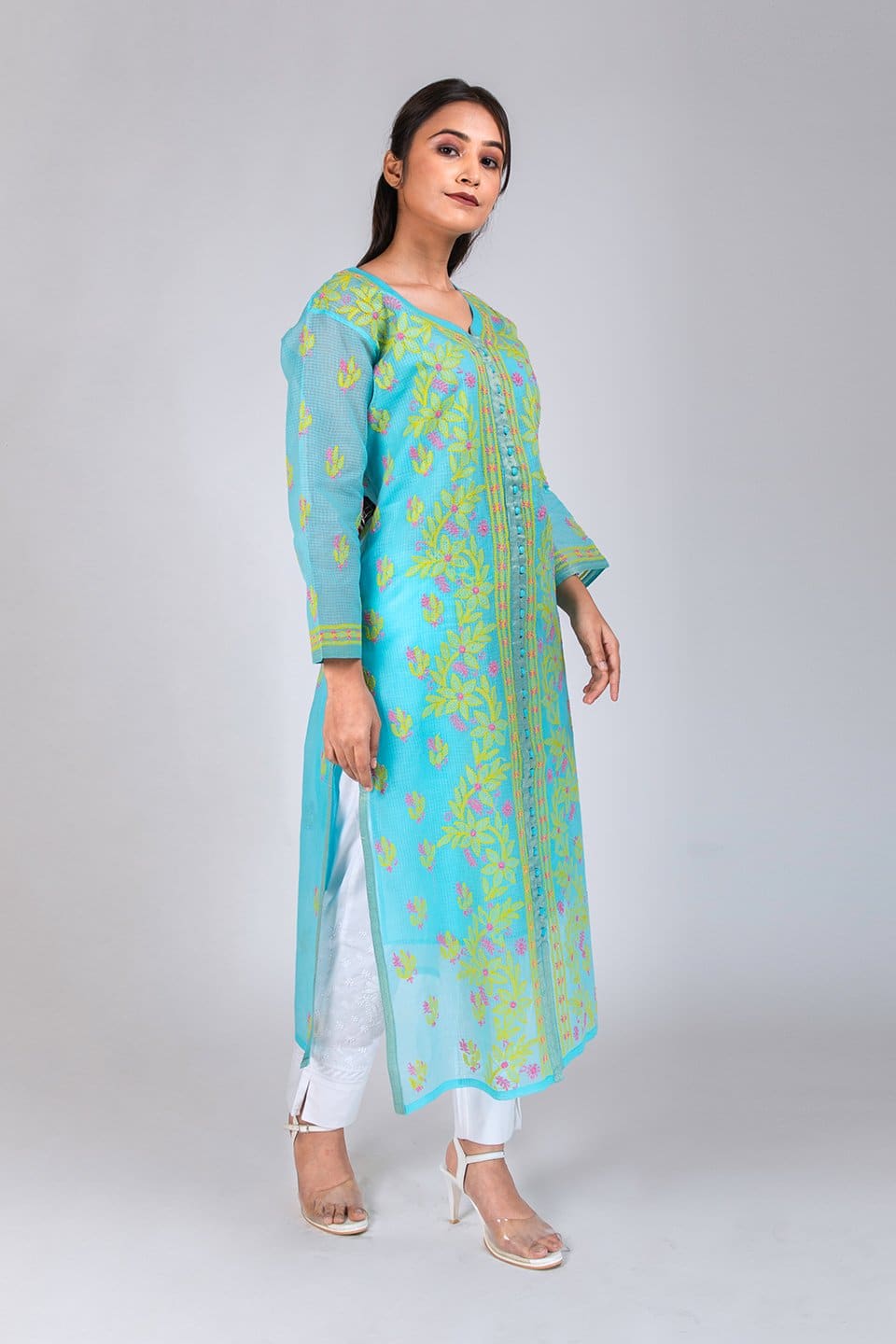 Lucknow Chikan Emporium Hand Chikankari Elegant Kota  Kurti (Ferozi Color) 