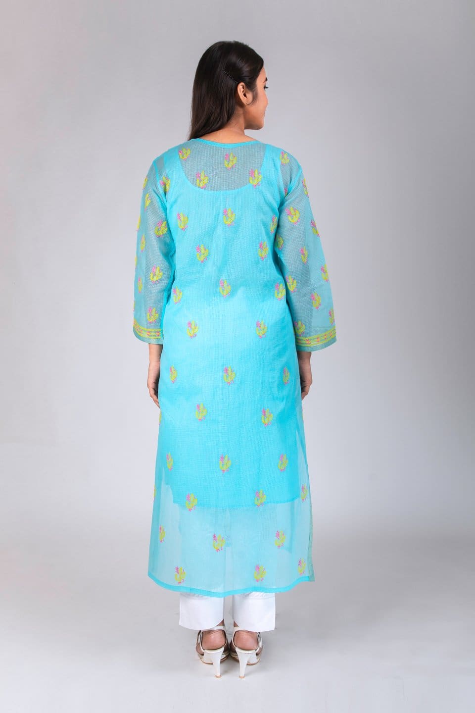 Lucknow Chikan Emporium Hand Chikankari Elegant Kota  Kurti (Ferozi Color) 