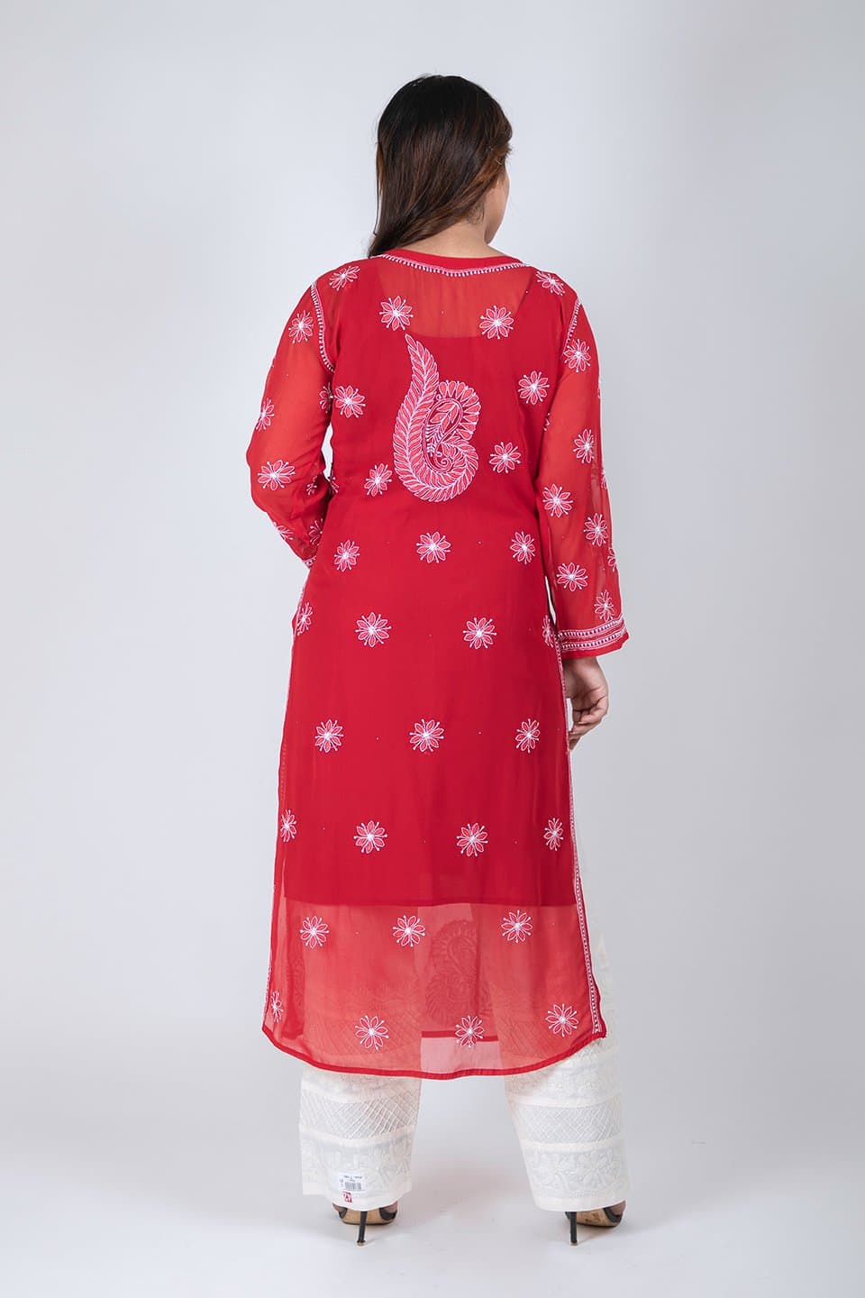 Lucknow Chikan Emporium Hand Chikankari Elegant Semi Georgette  Kurti (Red Color) 