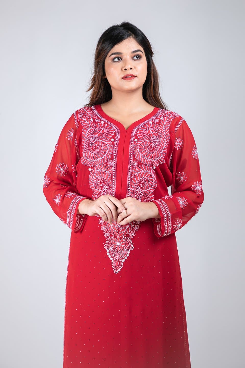 Lucknow Chikan Emporium Hand Chikankari Elegant Semi Georgette  Kurti (Red Color) 