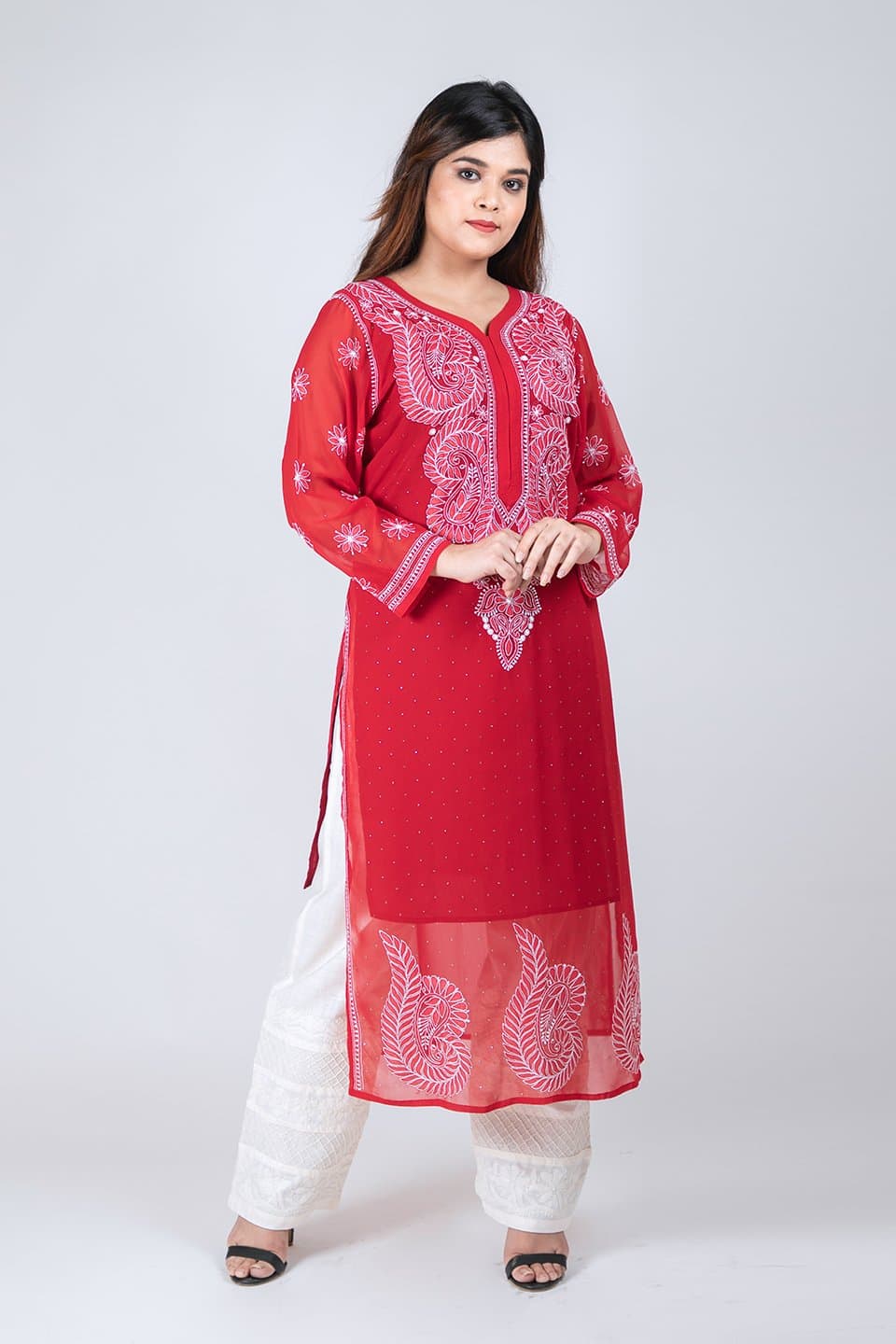 Lucknow Chikan Emporium Hand Chikankari Elegant Semi Georgette  Kurti (Red Color) 