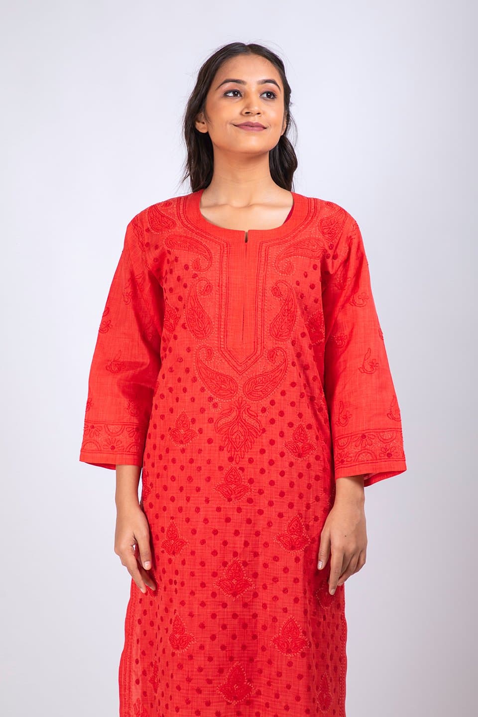 Lucknow Chikan Emporium Hand Chikankari Lucknowi  Cotton Silk  Kurti (Cherry Red Color) 