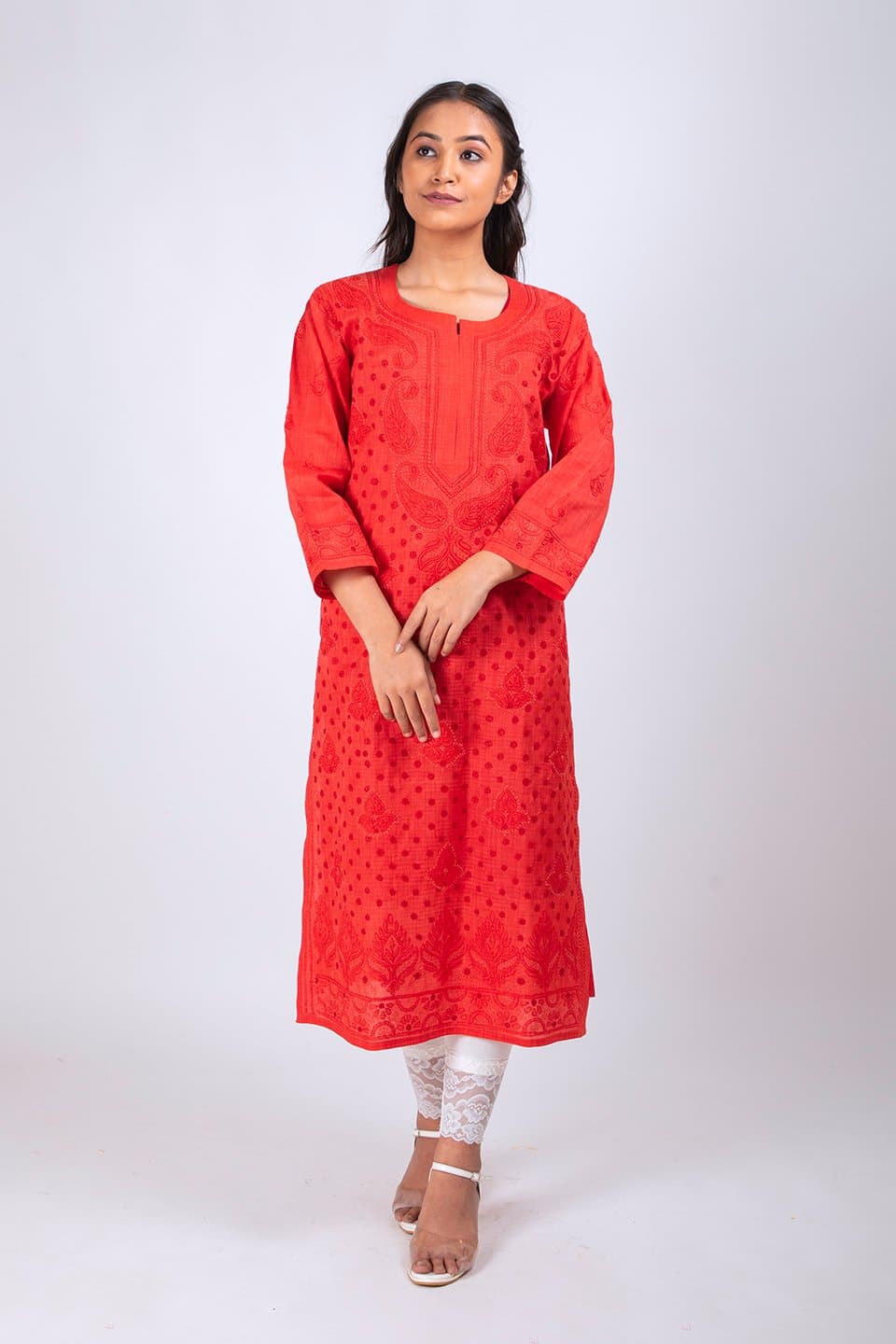 Lucknow Chikan Emporium Hand Chikankari Lucknowi  Cotton Silk  Kurti (Cherry Red Color) 