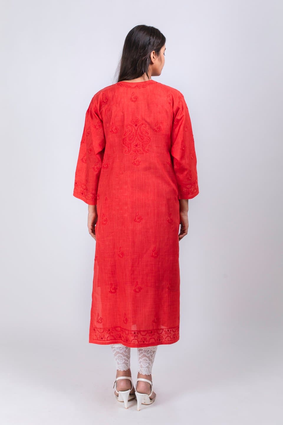 Lucknow Chikan Emporium Hand Chikankari Lucknowi  Cotton Silk  Kurti (Cherry Red Color) 