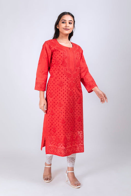 Lucknow Chikan Emporium Hand Chikankari Lucknowi  Cotton Silk  Kurti (Cherry Red Color) 