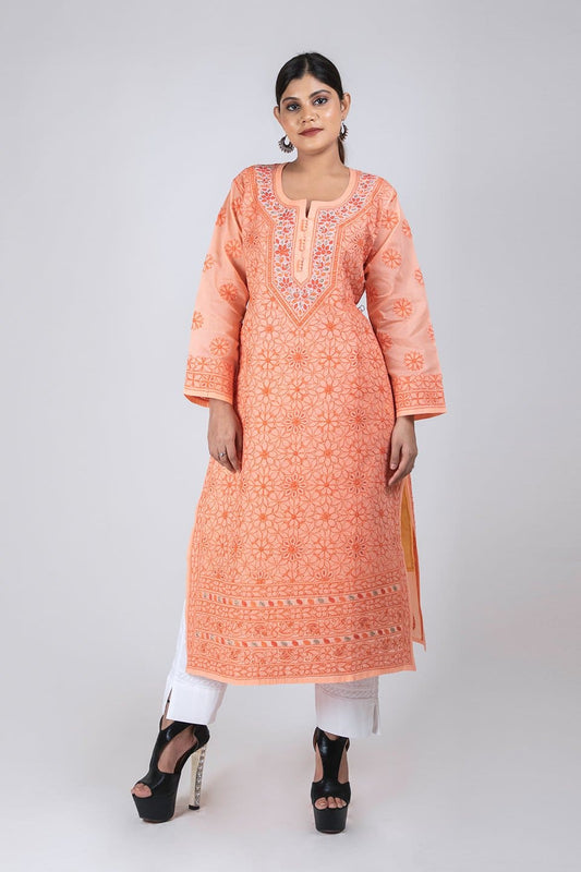 Lucknow Chikan Emporium Hand Chikankari Lucknowi Elegant Cotton  Kurti (Bright Peach Color) 