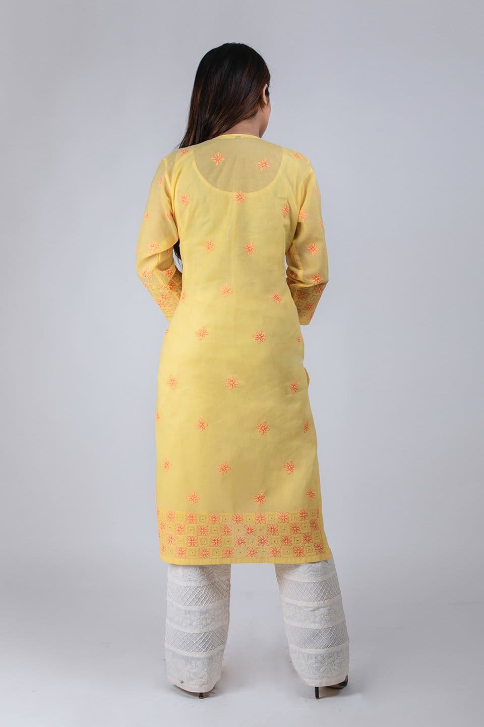 Lucknow Chikan Emporium Hand Chikankari Lucknowi Elegant Cotton  Kurti (Bright Yellow Color) 