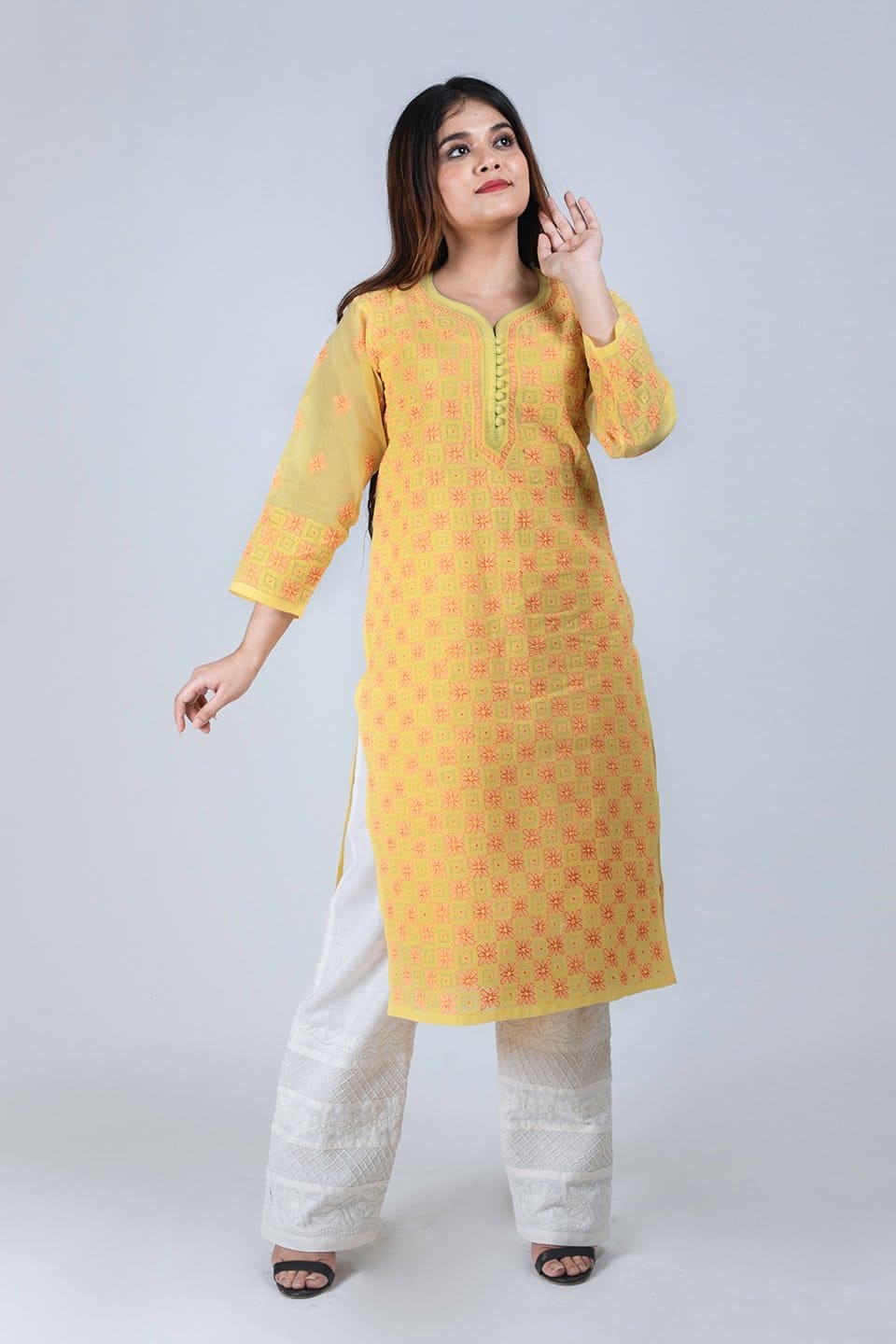 Lucknow Chikan Emporium Hand Chikankari Lucknowi Elegant Cotton  Kurti (Bright Yellow Color) 