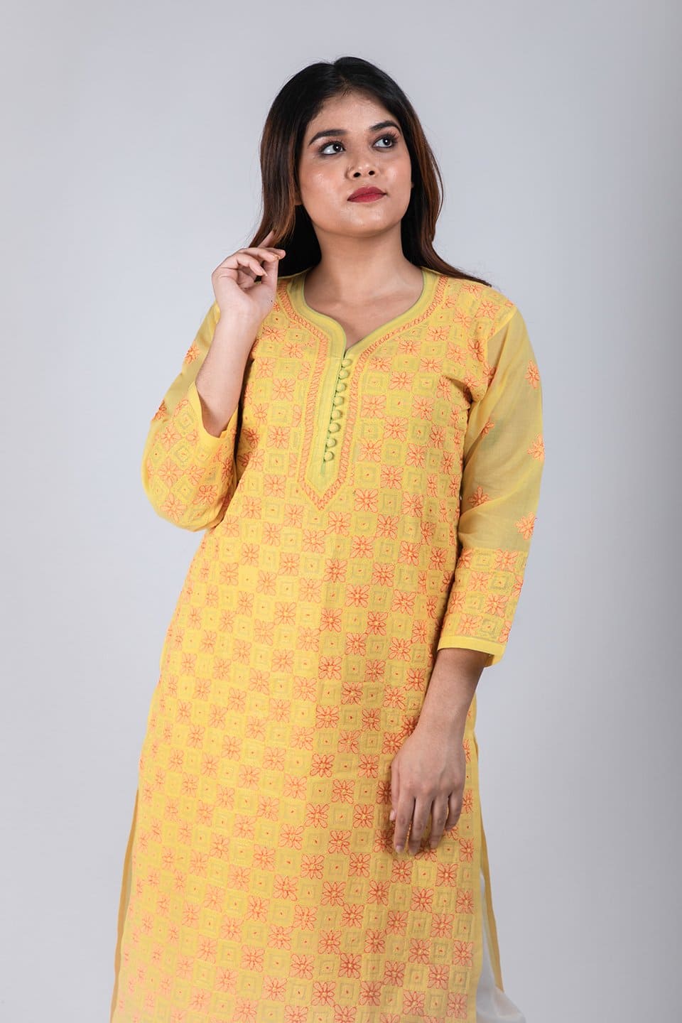 Lucknow Chikan Emporium Hand Chikankari Lucknowi Elegant Cotton  Kurti (Bright Yellow Color) 