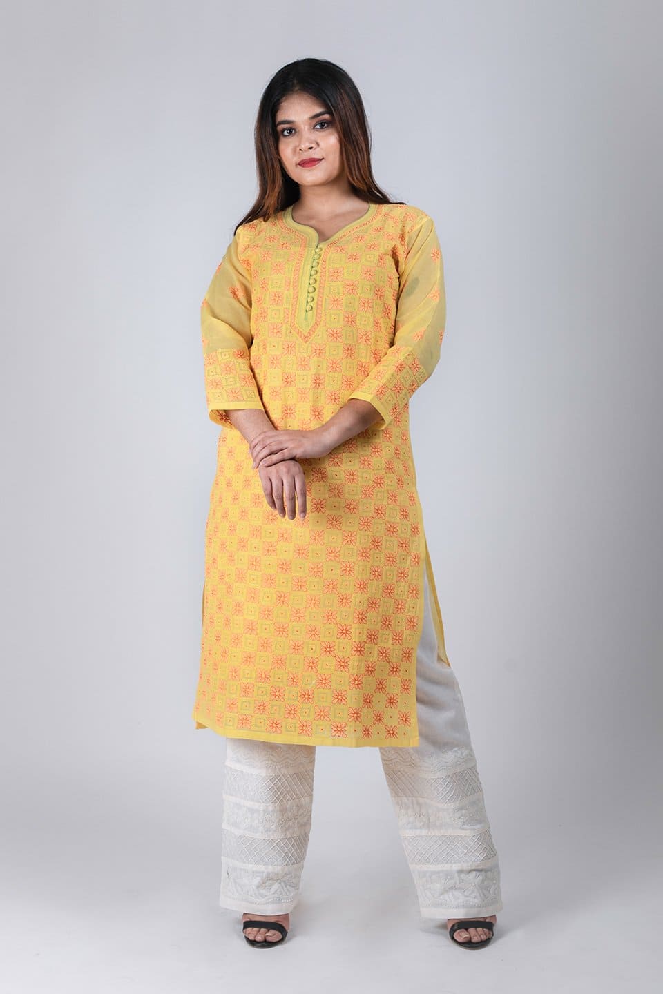 Lucknow Chikan Emporium Hand Chikankari Lucknowi Elegant Cotton  Kurti (Bright Yellow Color) 