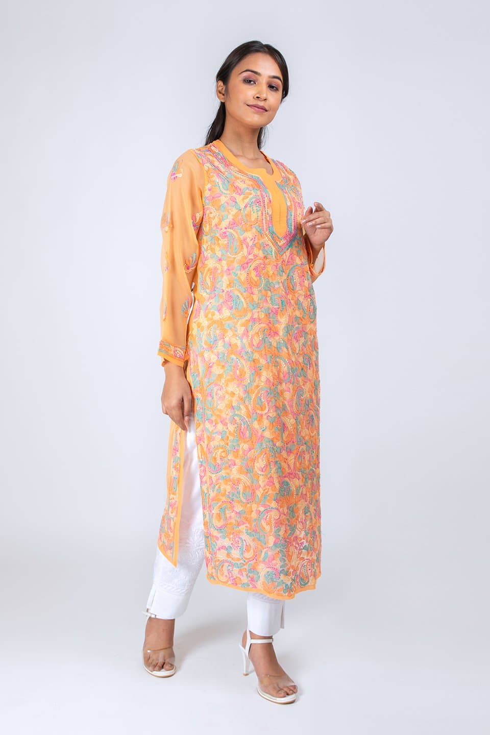 Lucknow Chikan Emporium Hand Chikankari Lucknowi Kurti (Exlusive Peach Color) 