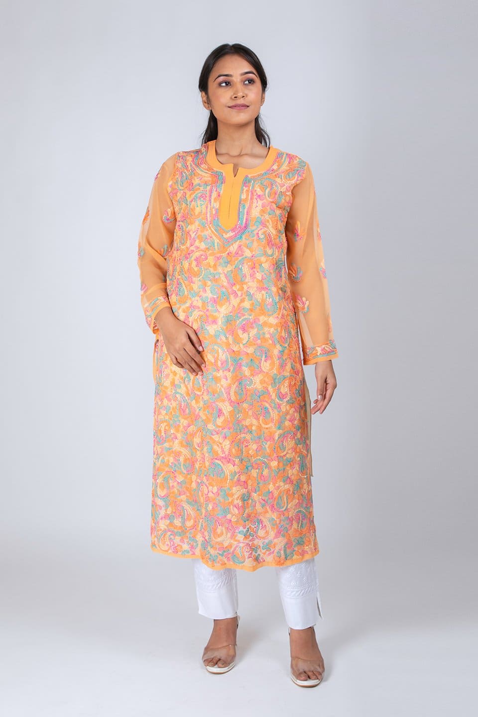 Lucknow Chikan Emporium Hand Chikankari Lucknowi Kurti (Exlusive Peach Color) 
