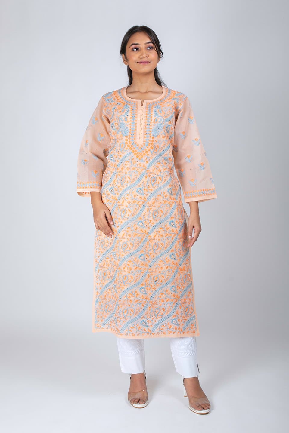 Lucknow Chikan Emporium Hand Chikankari Lucknowi Kurti (Exlusive Peach Color) 