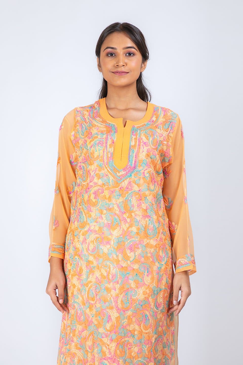 Lucknow Chikan Emporium Hand Chikankari Lucknowi Kurti (Exlusive Peach Color) 