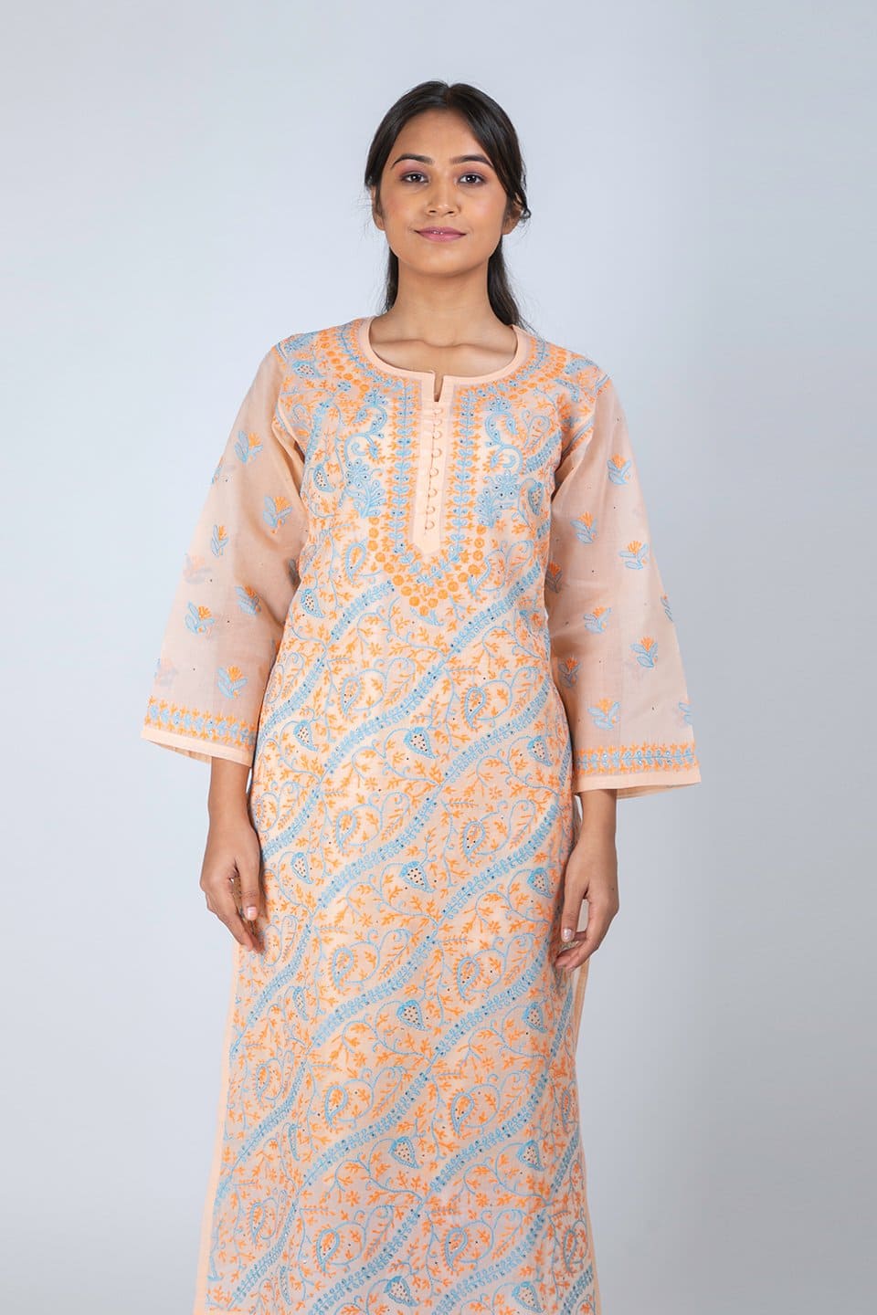 Lucknow Chikan Emporium Hand Chikankari Lucknowi Kurti (Exlusive Peach Color) 