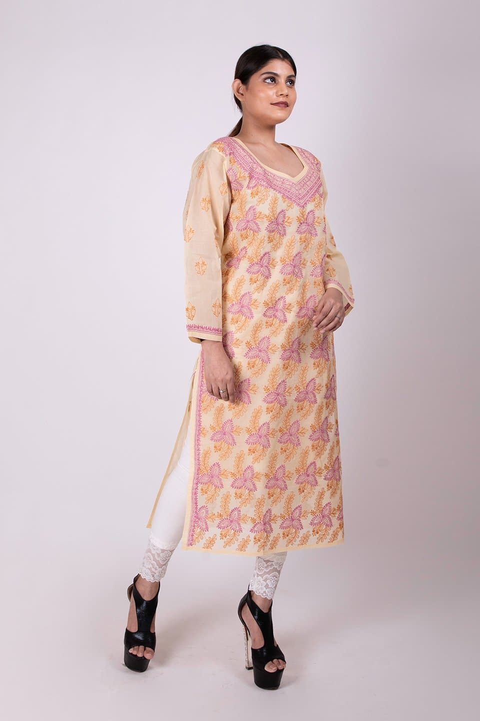 Lucknow Chikan Emporium Hand Chikankari Lucknowi Kurti (Fawn Color) 
