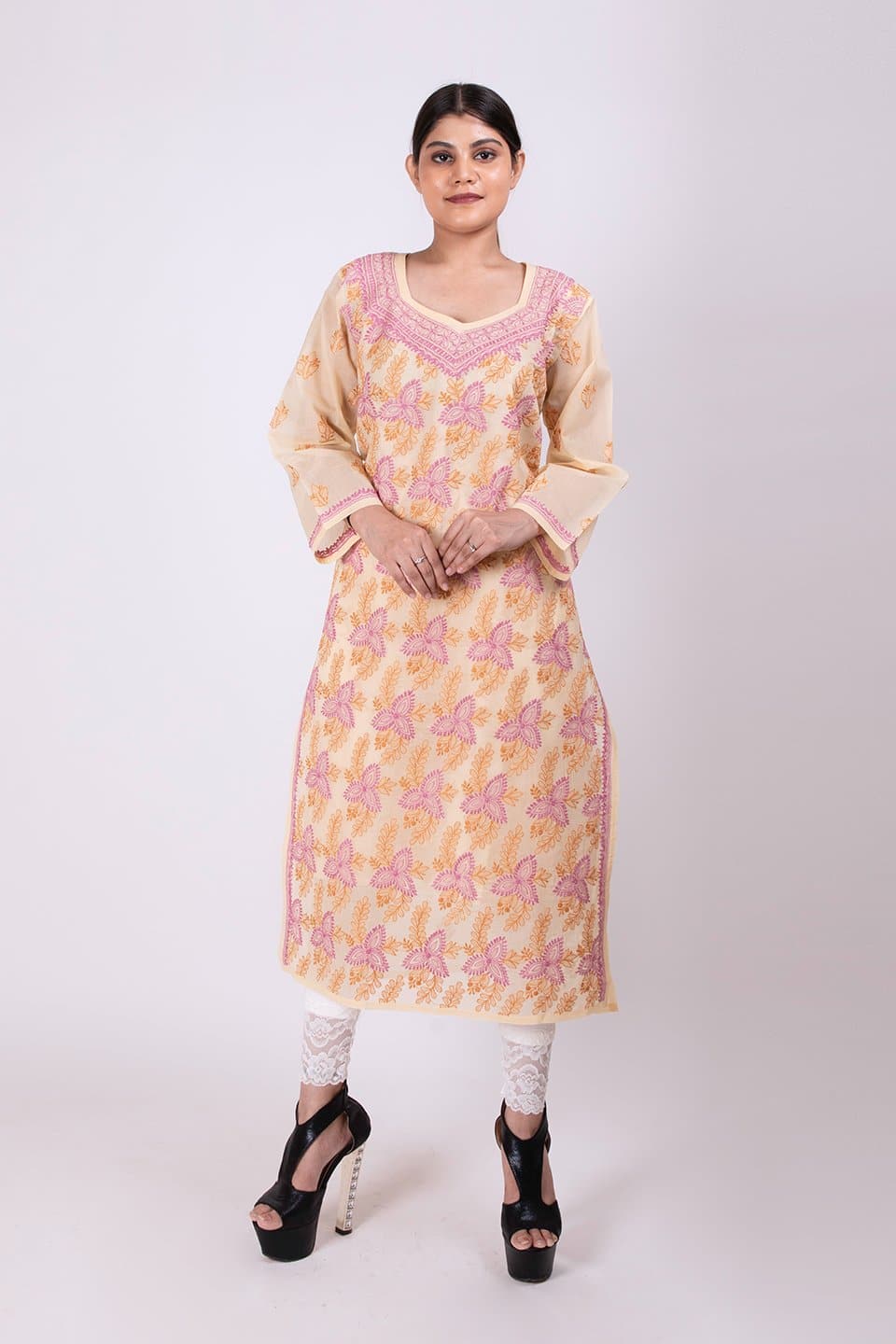 Lucknow Chikan Emporium Hand Chikankari Lucknowi Kurti (Fawn Color) 