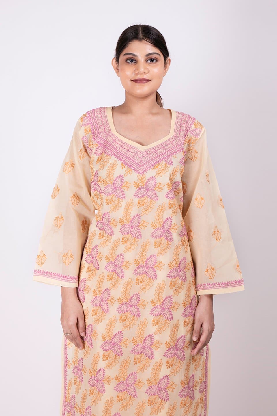 Lucknow Chikan Emporium Hand Chikankari Lucknowi Kurti (Fawn Color) 