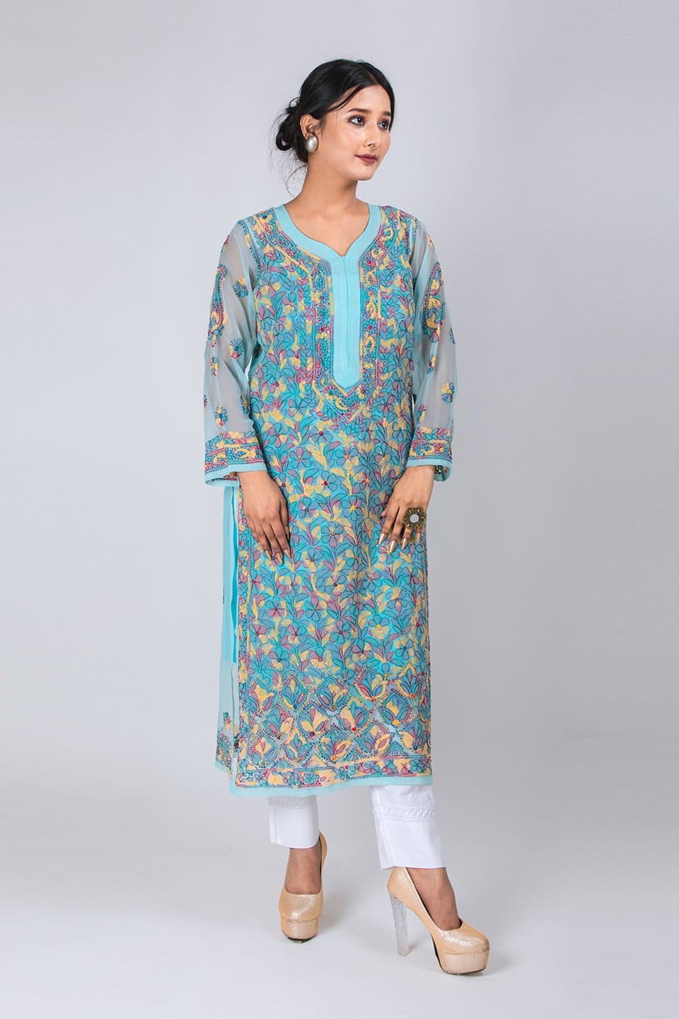 Lucknow Chikan Emporium Hand Chikankari Lucknowi Kurti (Ferozi Color) 