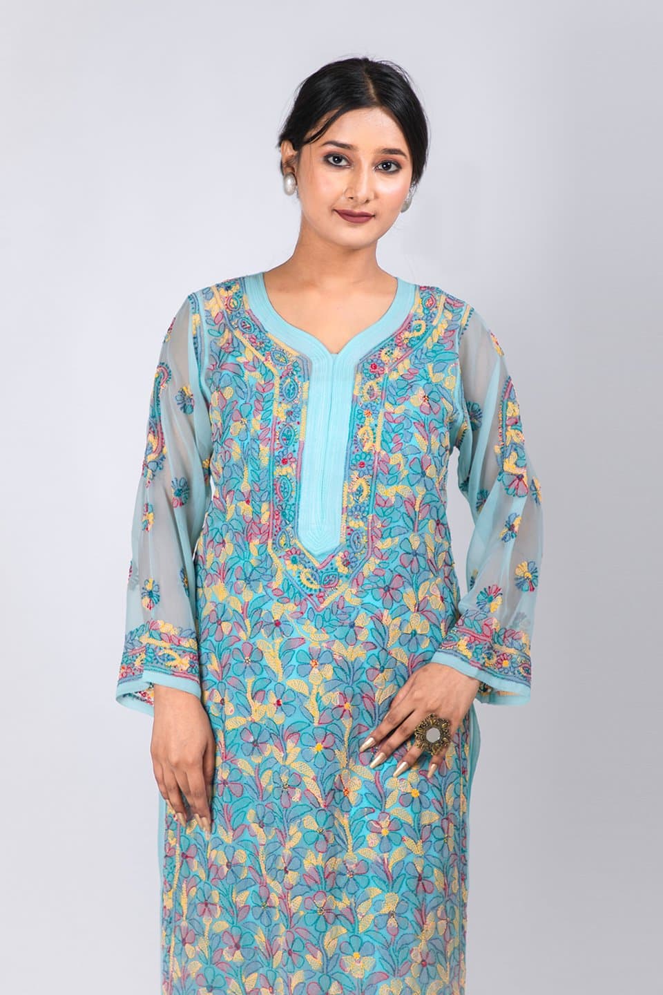 Lucknow Chikan Emporium Hand Chikankari Lucknowi Kurti (Ferozi Color) 