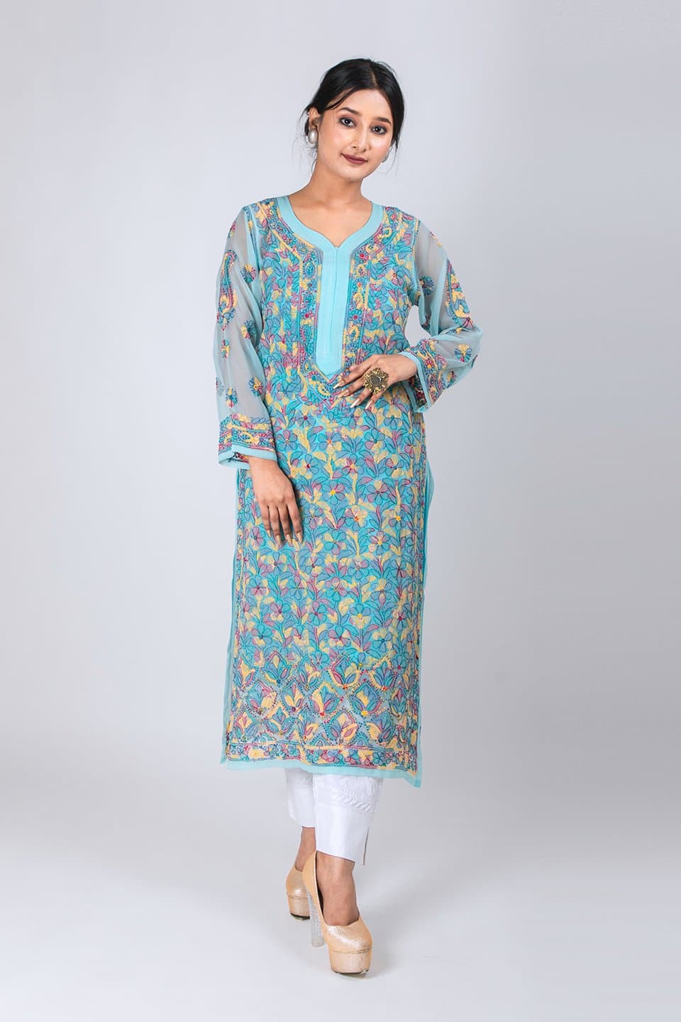 Lucknow Chikan Emporium Hand Chikankari Lucknowi Kurti (Ferozi Color) 