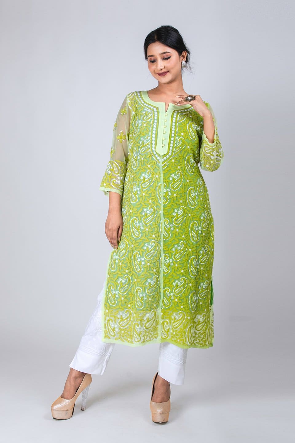 Lucknow Chikan Emporium Hand Chikankari Lucknowi Kurti (Leaf Green Color) 