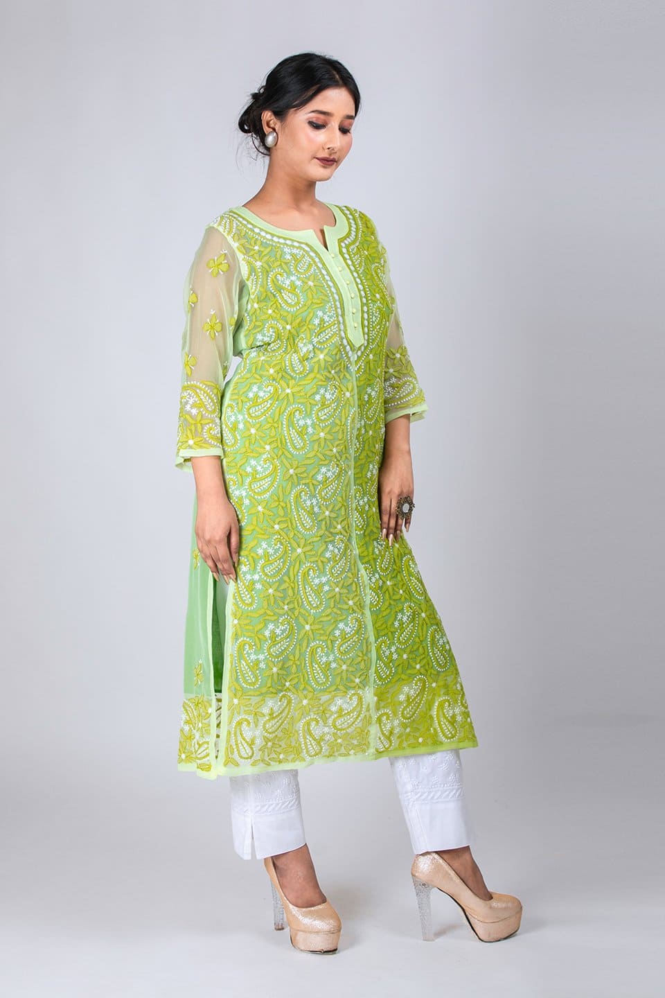 Lucknow Chikan Emporium Hand Chikankari Lucknowi Kurti (Leaf Green Color) 