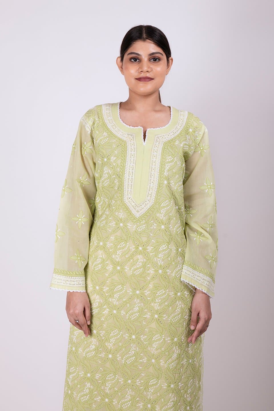 Lucknow Chikan Emporium Hand Chikankari Lucknowi Kurti (Leaf Green Color) 